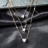 Elegant 3-Layer Gold Necklace with CZ Heart, Star & Teardrop Charms
