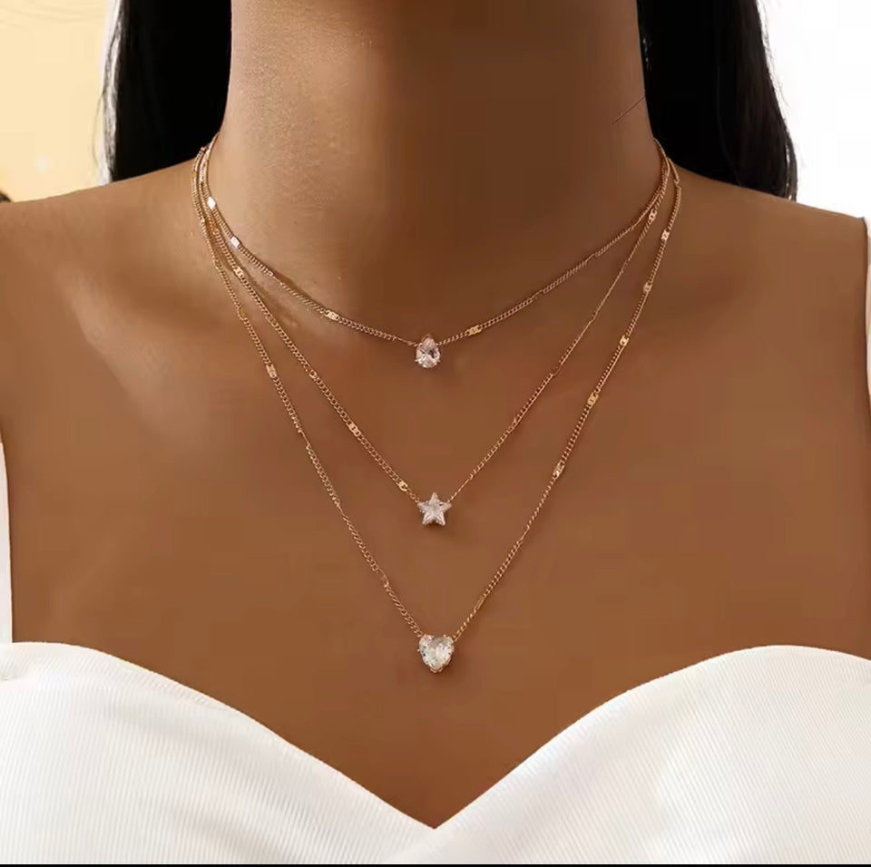 Elegant 3-Layer Gold Necklace with CZ Heart, Star & Teardrop Charms