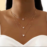Elegant 3-Layer Gold Necklace with CZ Heart, Star & Teardrop Charms